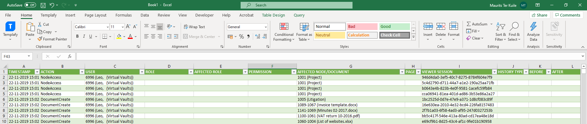 Loaded Audit log in Excel